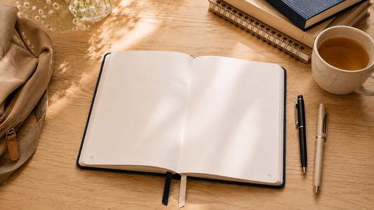 Back to school dot-grid journal flat lay with pens and study supplies.