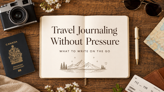 Travel journaling without pressure title page in an A5 dot grid journal flat lay with passport and camera