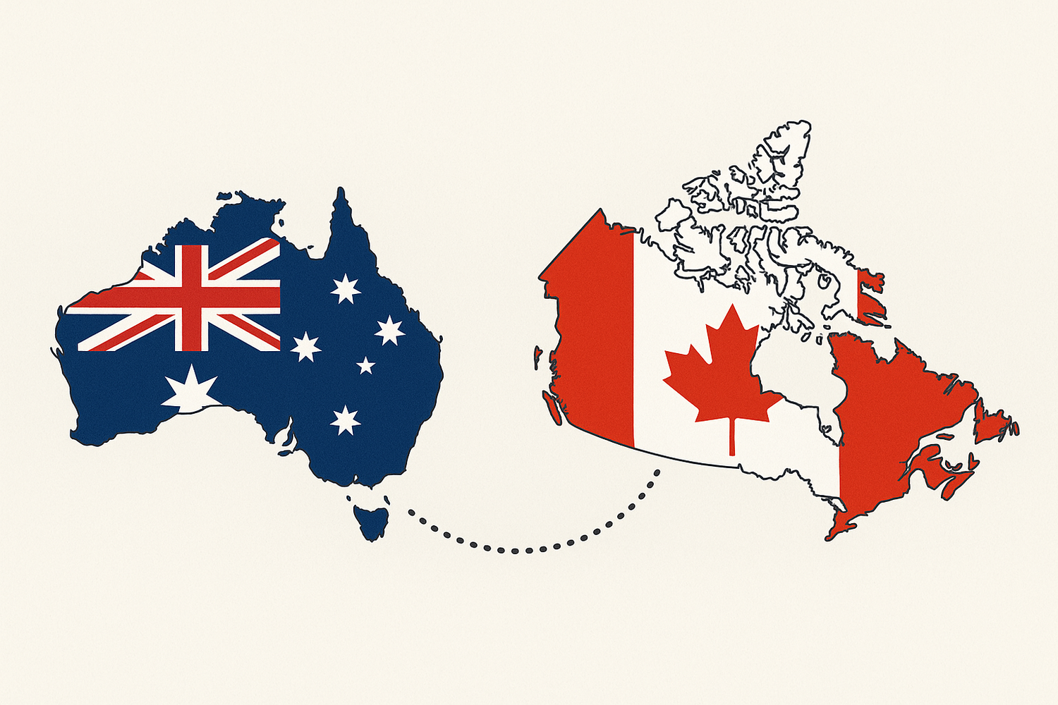 Outline of Australia with a dotted line to outline of Canada, both countries coloured with colours of their respective flags